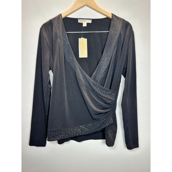 Michael Kors Women's MH3518W03G Size L Black Rhinestone Border Blouse Top NWT - Picture 4 of 9